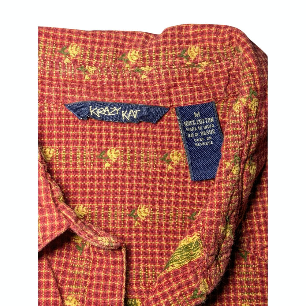 Krazy Kat Vintage Cottagecore Calico Floral Button Down Shirt Red Tan Size M - Picture 3 of 15